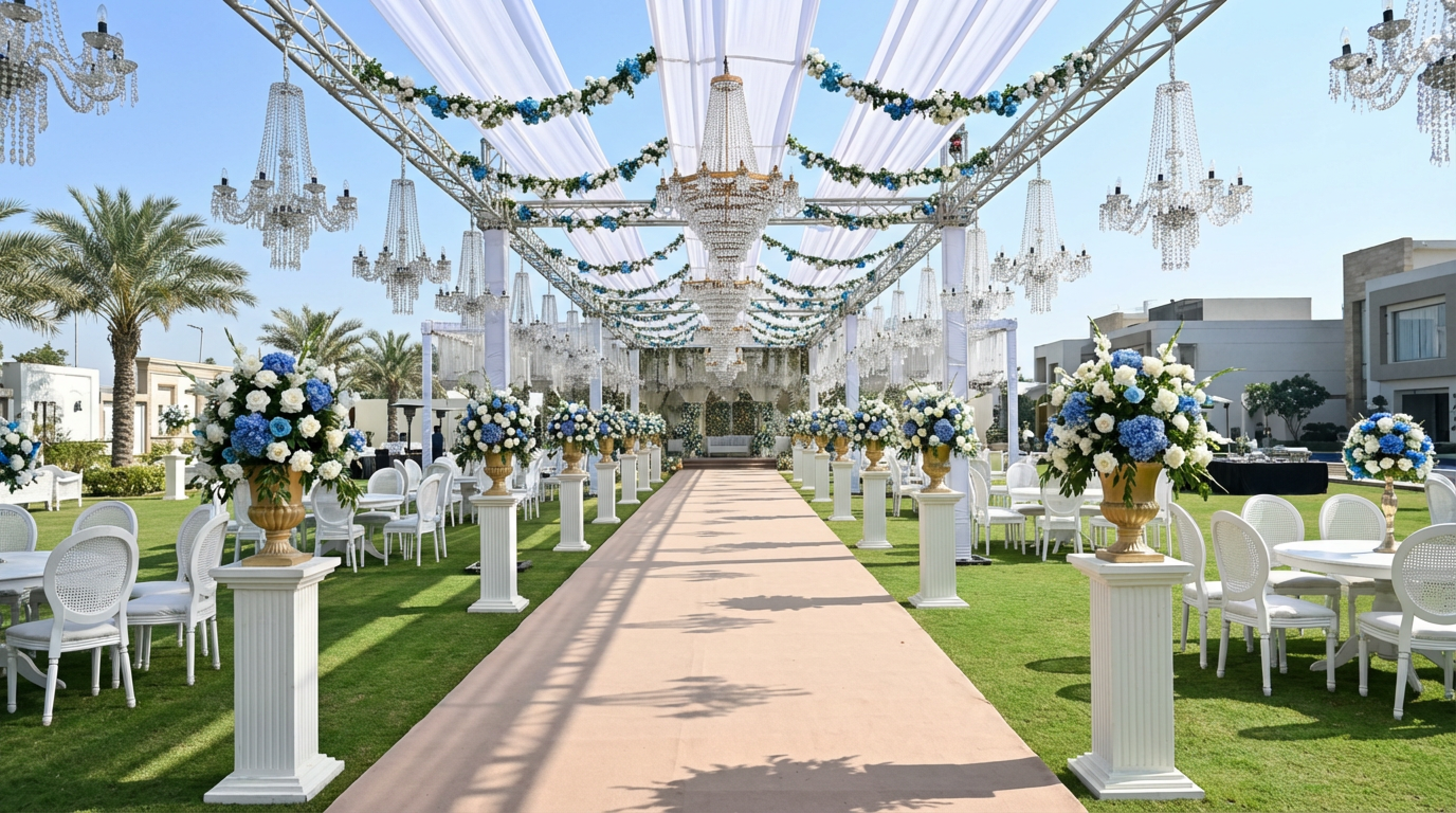 Image showcasing luxury outdoor day light wedding reception decor by Bazouq Events